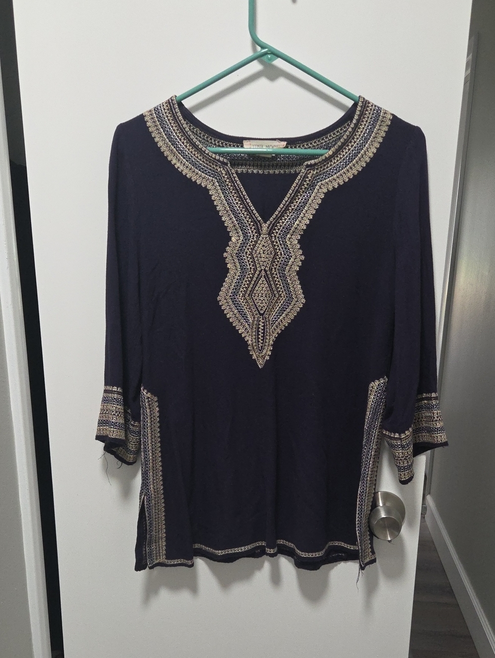 Women's Navy Tunic with Metallic Embroidered V-Neck